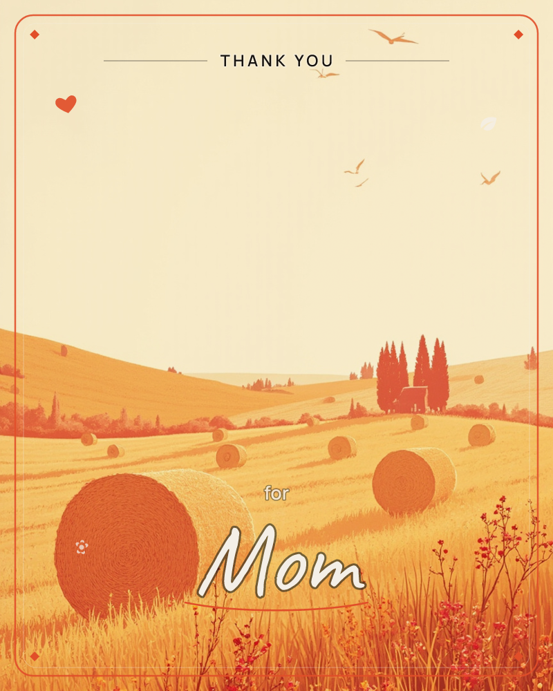 A golden countryside stretches across rolling hills, dotted with round hay bales and a distant farmhouse tucked among tall cypress trees, a thankyou e-card design