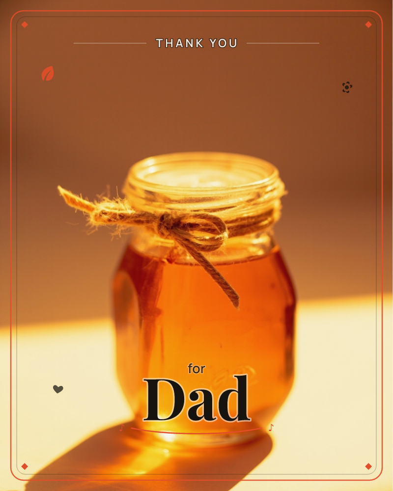 A small glass jar of honey sits in warm, golden light, its lid tied with a rustic twine bow, a thankyou e-card design