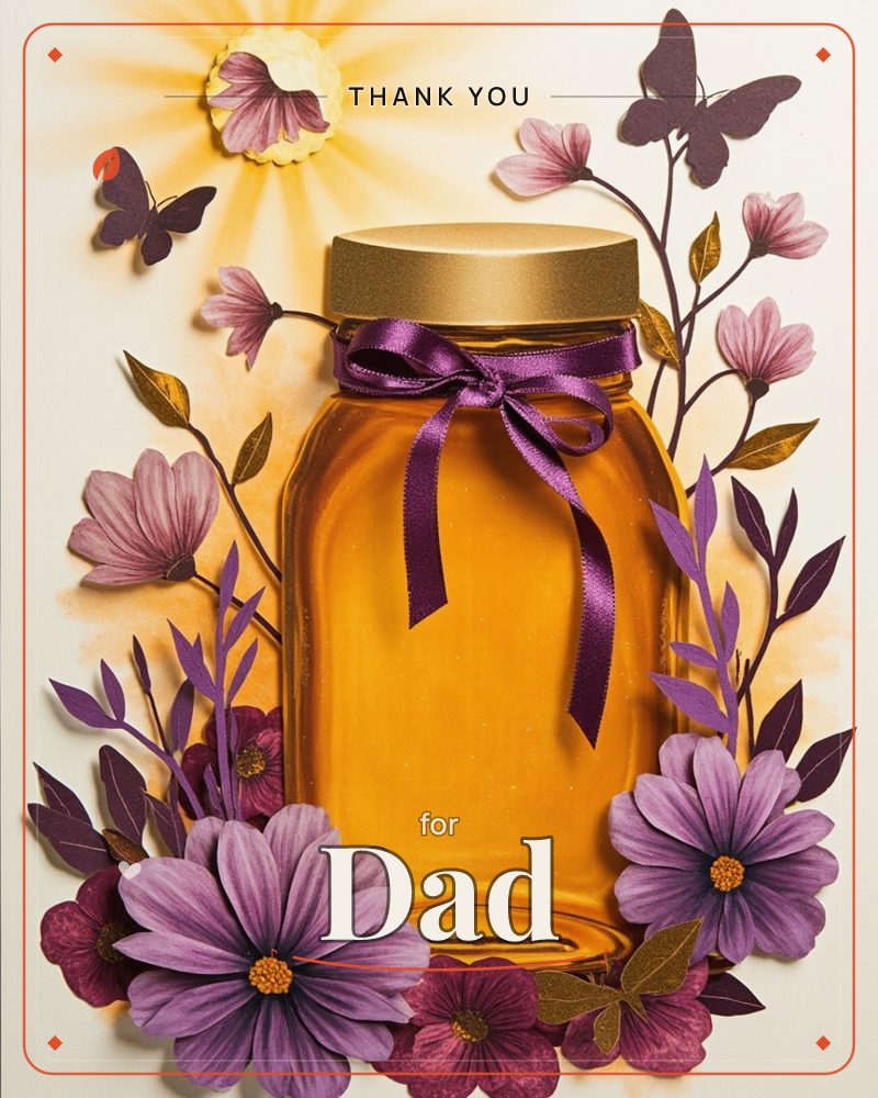 A glowing amber honey jar with a gold lid and a purple satin bow sits at the centre of a paper-craft garden, ringed by layered purple and mauve…, a thankyou e-card design