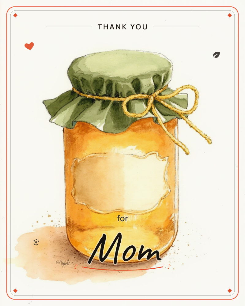 A glass jar of golden honey or preserves sits against a plain white background, its lid covered with a scalloped sage-green fabric cap tied on with…, a thankyou e-card design