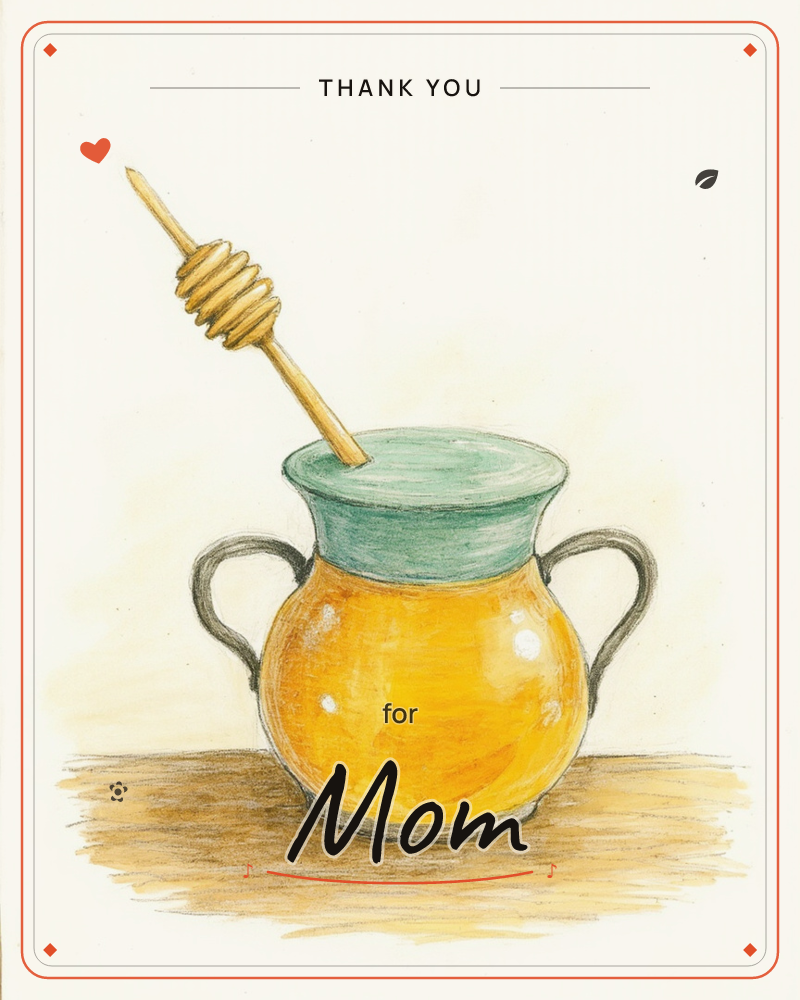 A round, honey-gold pot with two curved handles sits on a wooden tabletop, its teal lid slightly ajar with a wooden honey dipper propped inside, a thankyou e-card design