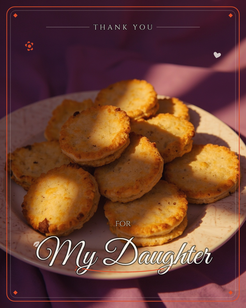A round white plate is piled high with golden-baked biscuits, their crisp edges catching warm late sunlight, a thankyou e-card design