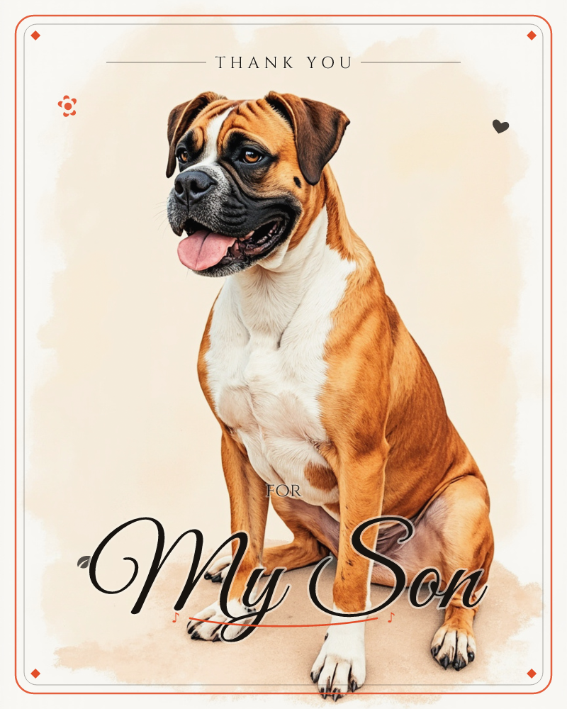 A boxer dog sits upright against a soft, cream-toned background with a vignette of dark shadow at the edges, its tongue lolling out in a happy pant, a thankyou e-card design