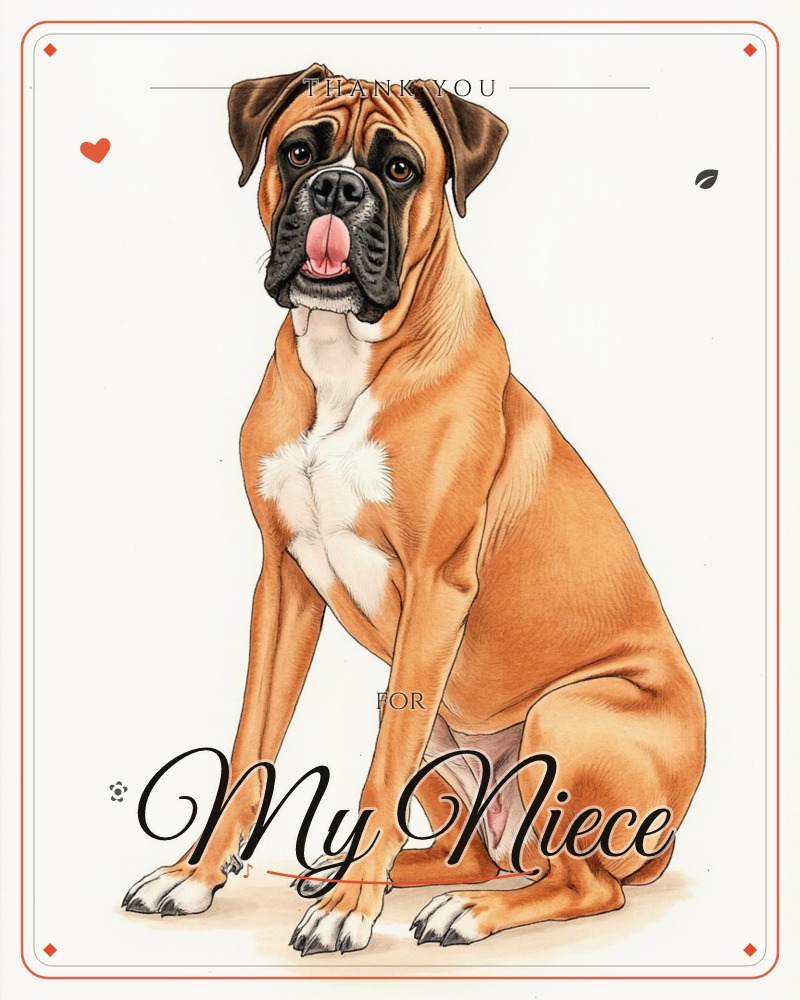 A boxer dog sits upright against a plain white background, its dark muzzle contrasting with a fawn-coloured coat and a white patch of fur on its chest…, a thankyou e-card design