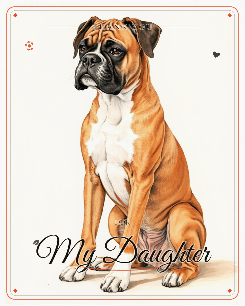 A boxer dog sits upright against a plain vignetted backdrop, its fawn coat and white chest rendered in fine, realistic detail with a soft glowing…, a thankyou e-card design