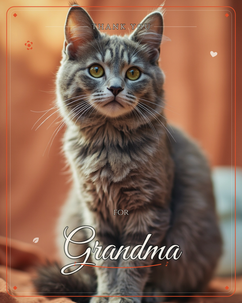 A grey tabby cat sits upright and alert, its amber eyes fixed directly on the viewer, whiskers catching the light, a thankyou e-card design