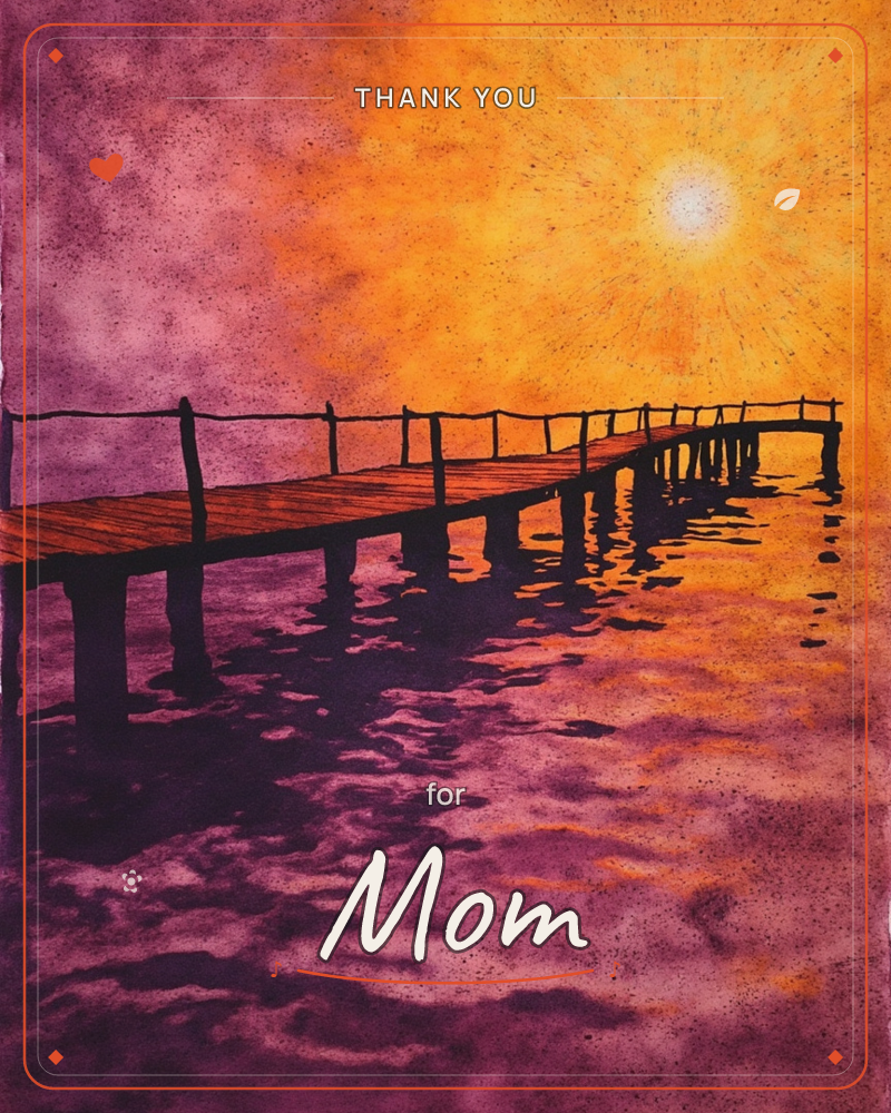 A wooden pier stretches out over still water toward a blazing sun low on the horizon, its silhouette and rickety railing rendered in dark ink against a…, a thankyou e-card design