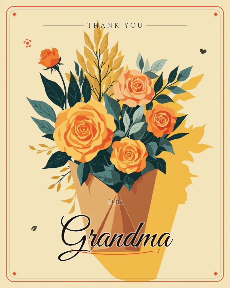 A bouquet of golden-orange roses wrapped in kraft paper stands against a warm cream background, with teal leaves and sprays of golden wheat-like…, a thankyou e-card design