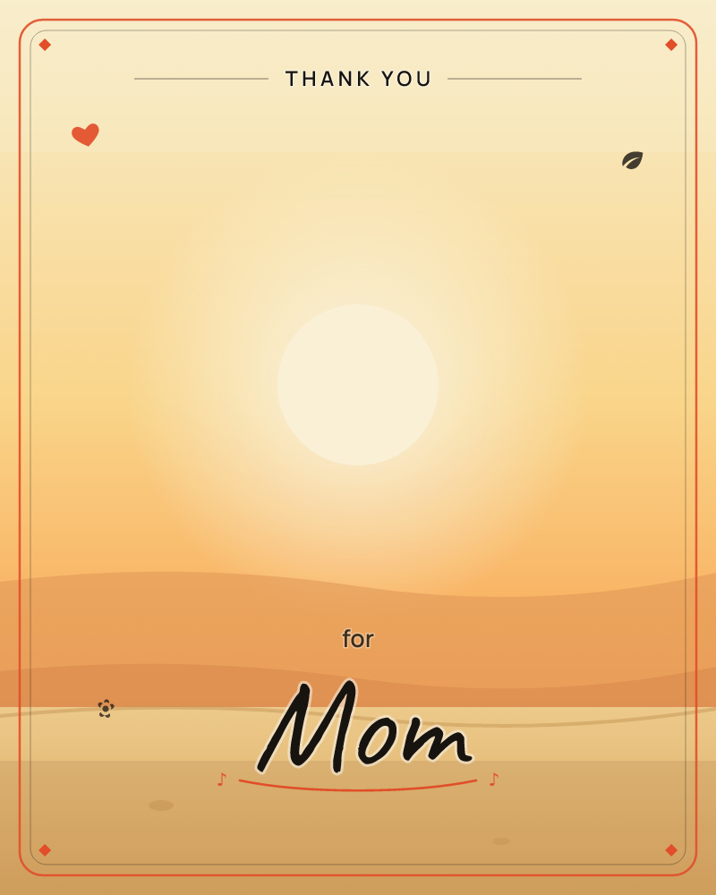 A glowing sun hangs low over rolling desert dunes, its warm halo washing the whole sky in amber and gold, a thankyou e-card design by @DittyCityTeam