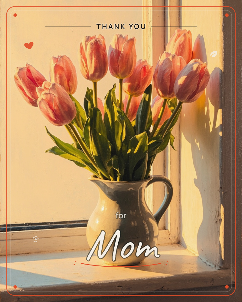 A cream ceramic pitcher crowded with pink tulips sits on a wooden windowsill, backlit by warm late-day sun streaming through the panes, a thankyou e-card design