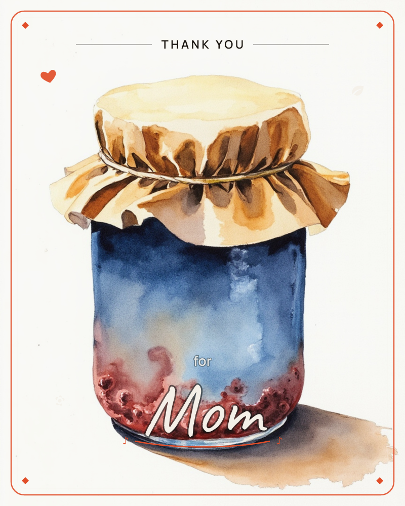 A single glass jar of homemade berry jam sits against a plain white background, its lid wrapped in a gathered paper cover tied with string, a thankyou e-card design