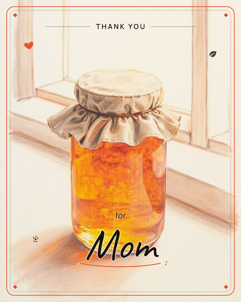 A glass jar of amber preserves sits on a windowsill, its lid tied with a gathered fabric cover in the old-fashioned way, a thankyou e-card design