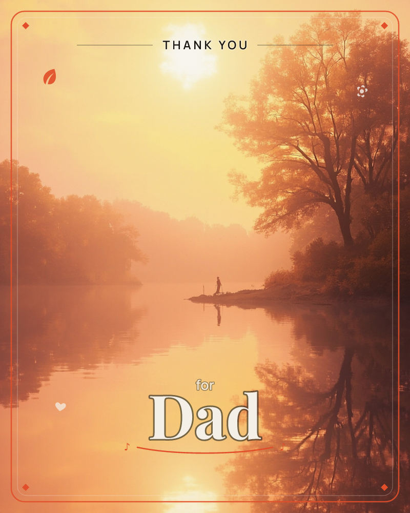 A hazy golden sun hangs low over a still lake, its glow melting the shoreline trees into soft silhouette, a thankyou e-card design