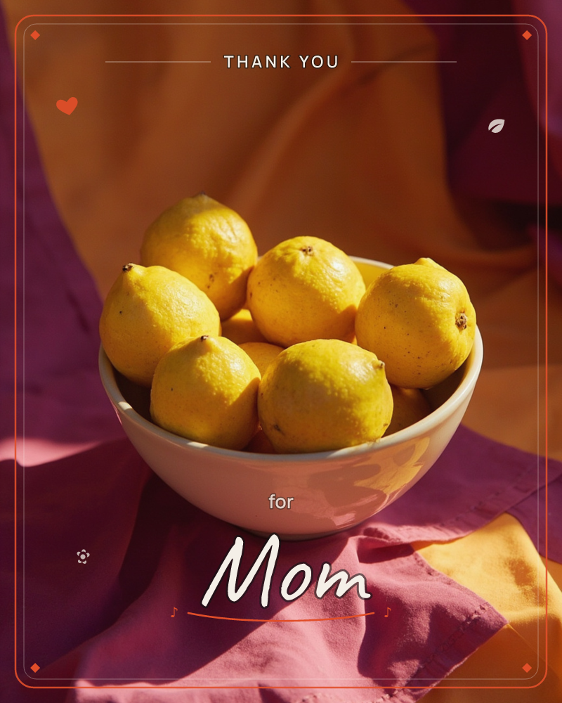 A white ceramic bowl piled high with fresh lemons sits atop rumpled fabric in shades of magenta and burnt orange, a thankyou e-card design