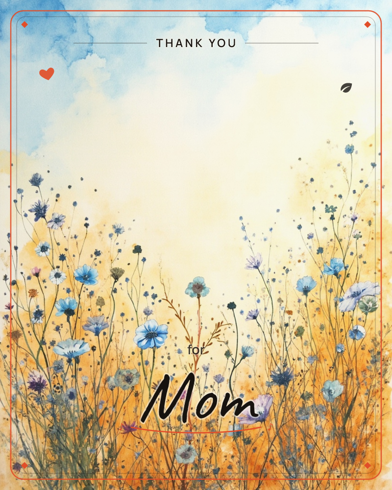A watercolour meadow of wildflowers stretches across a golden field beneath a soft blue and cream sky, a thankyou e-card design