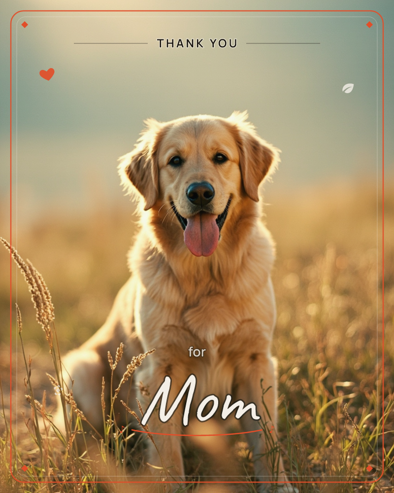 A golden retriever sits in a sunlit field of tall grass and wheat-like stalks, mouth open in a happy pant, backlit by warm late-day sun that haloes its…, a thankyou e-card design