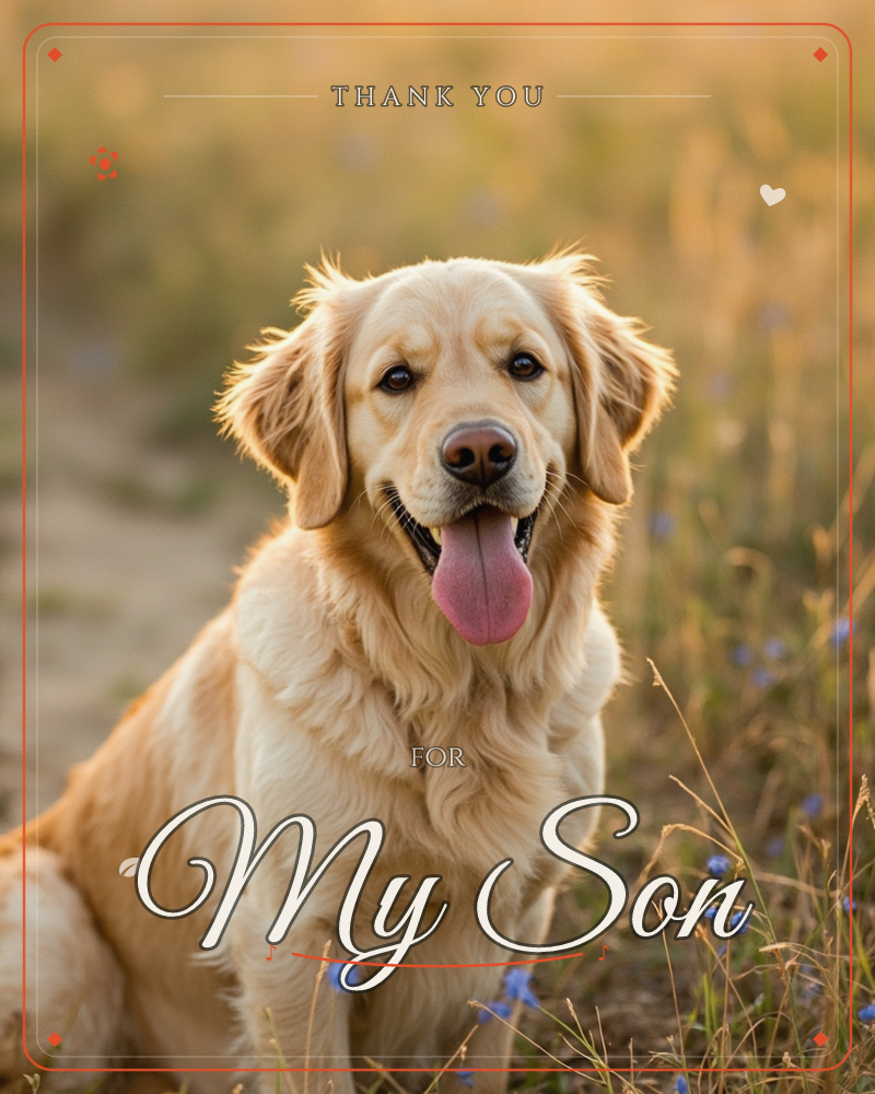 A golden retriever sits in a sunlit meadow, tongue out and ears relaxed, surrounded by tall grasses and small blue wildflowers, a thankyou e-card design
