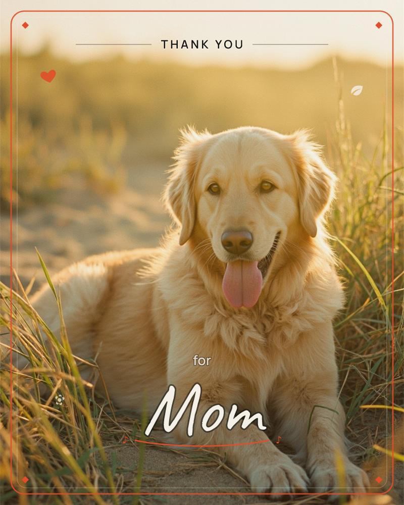 A golden retriever lies in sandy dune grass, tongue out and ears relaxed, glowing under warm late-afternoon sunlight, a thankyou e-card design