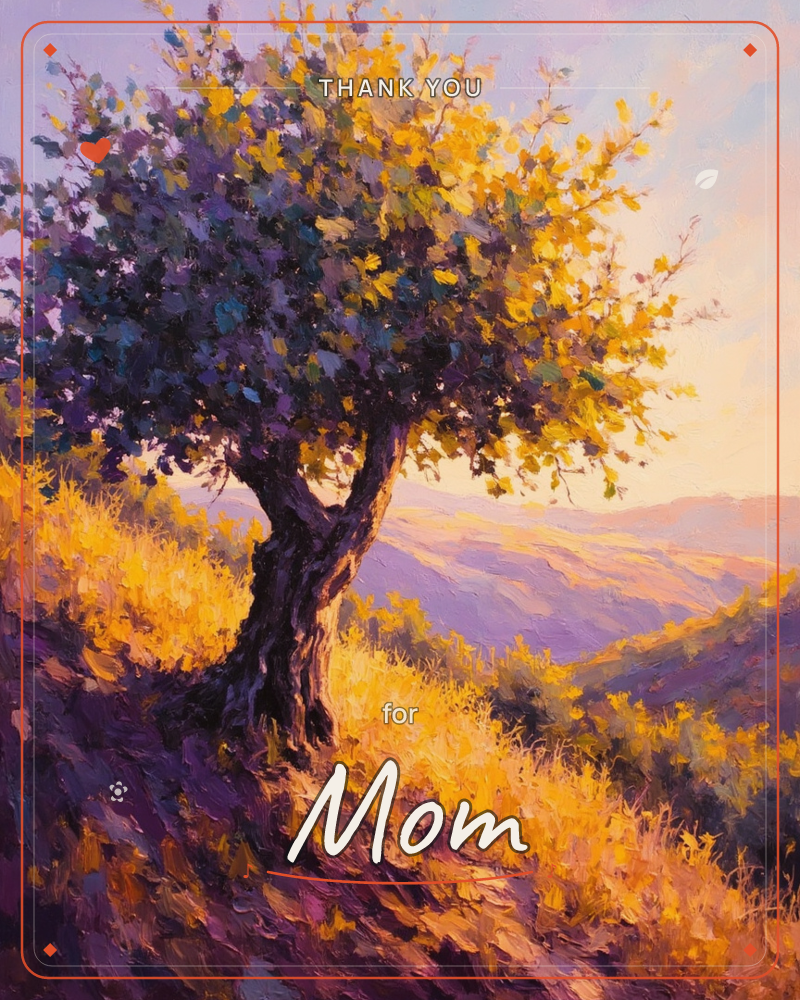 A lone gnarled tree stands atop a golden hillside, its twisting trunk catching the last warm light of sunset, a thankyou e-card design
