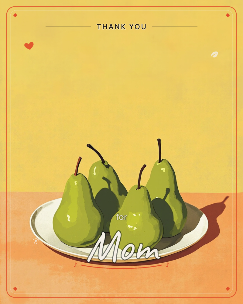 A white plate holds a cluster of glossy green pears, their stems curving up like small dark whiskers, a thankyou e-card design