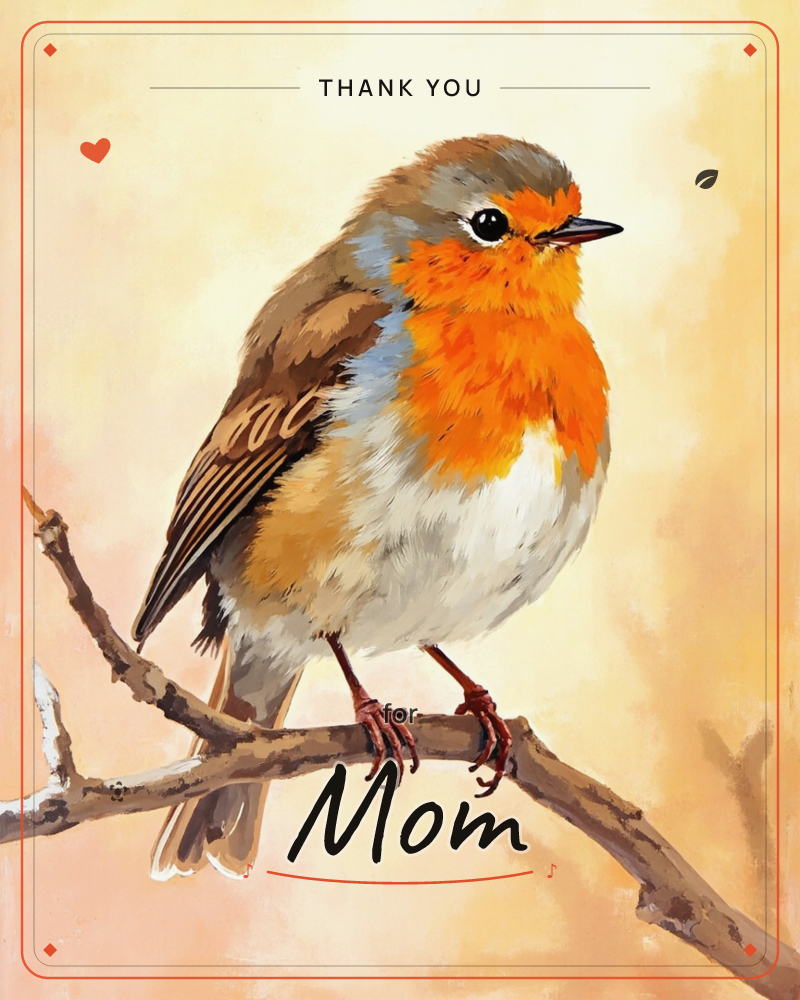 A round-bodied robin perches on a bare, snow-dusted branch, its orange breast glowing against a soft peach and cream background, a thankyou e-card design