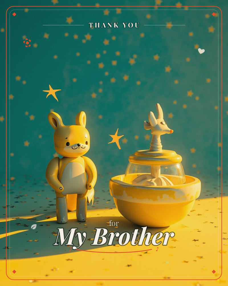 A small yellow toy rabbit stands beside a glass-domed music box topped with a deer figure, both scattered with tiny gold stars against a deep teal…, a thankyou e-card design
