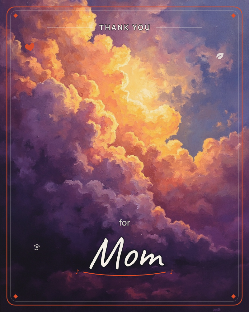 A towering mass of clouds fills the entire card, lit from within by a burst of golden-orange light breaking through deep violet and indigo shadows, a thankyou e-card design