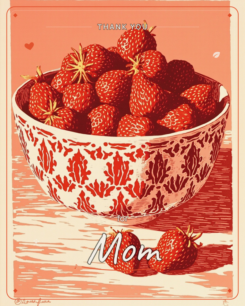 A patterned bowl overflows with plump strawberries, their leafy caps still on, set on a wooden table against a coral-pink backdrop, a thankyou e-card design