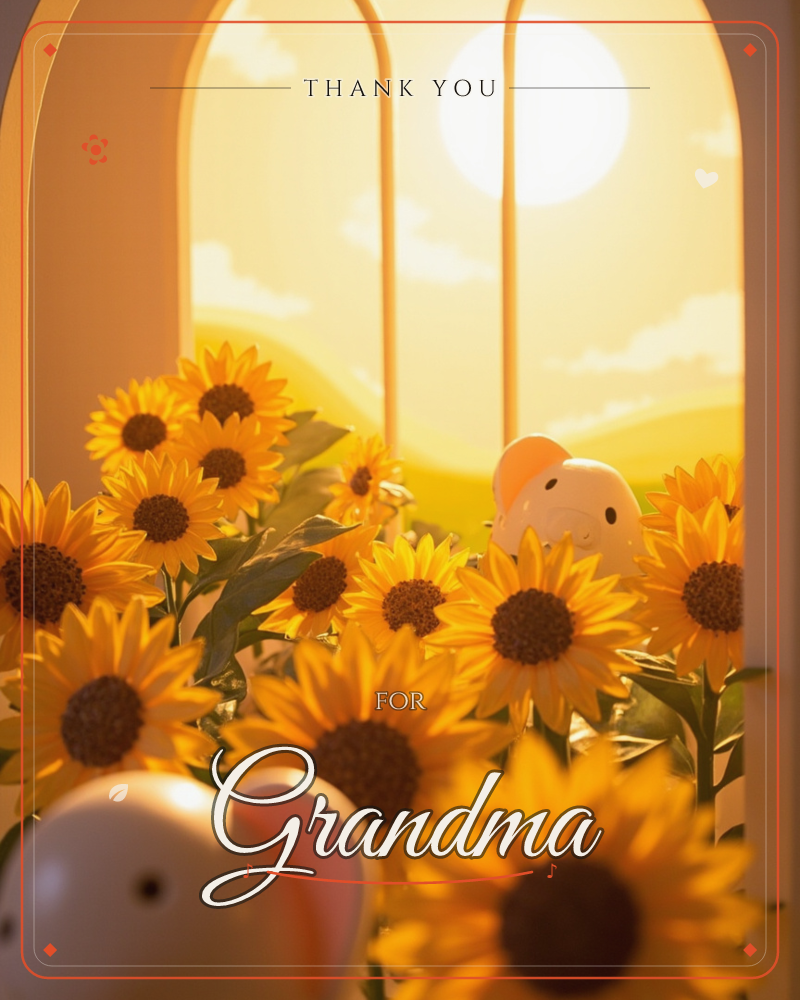 A cluster of sunflowers fills an arched window ledge, with two small round-eared toy figures peeking out from among the petals, a thankyou e-card design