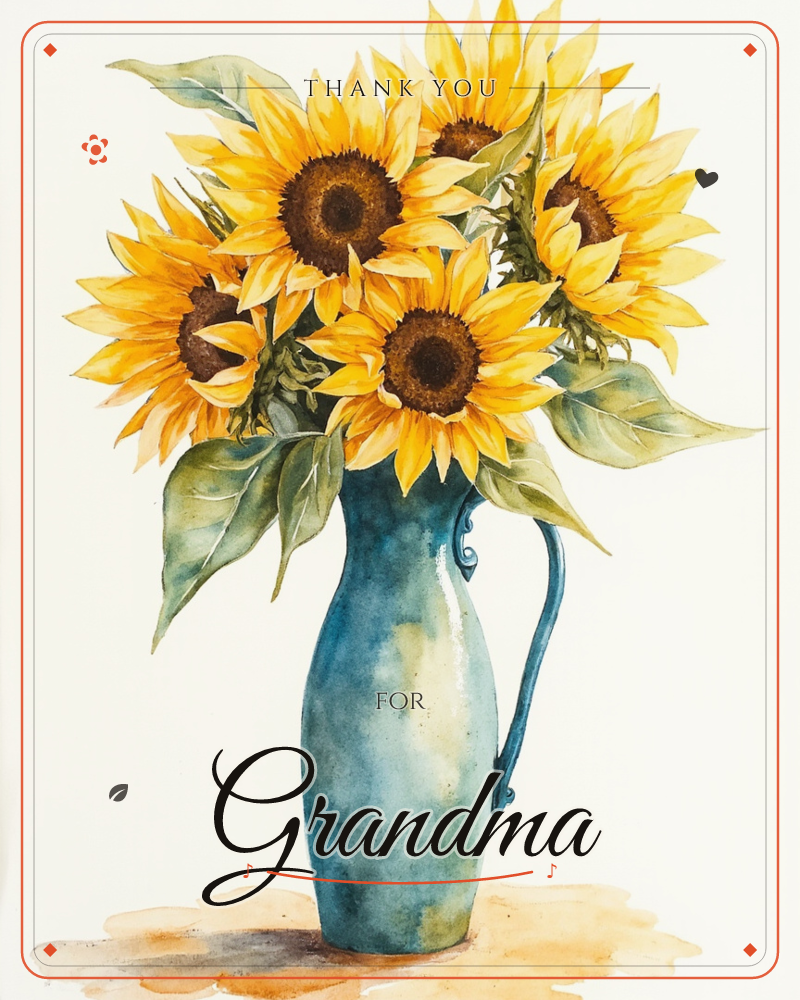 A tall teal pitcher holds a bright bunch of sunflowers, their brown centres and yellow petals painted in loose watercolour washes with soft green…, a thankyou e-card design