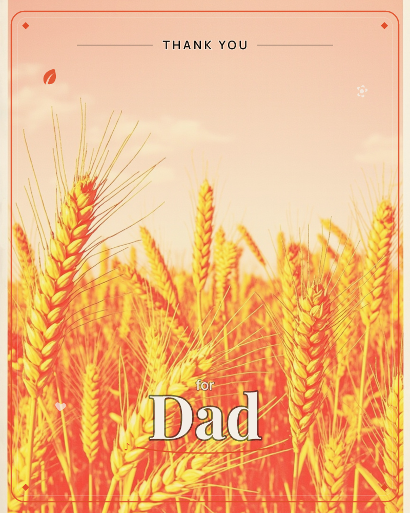 A close-up photograph of golden wheat stalks standing tall against a pale peach sky, their bearded heads catching a warm sunset glow, a thankyou e-card design