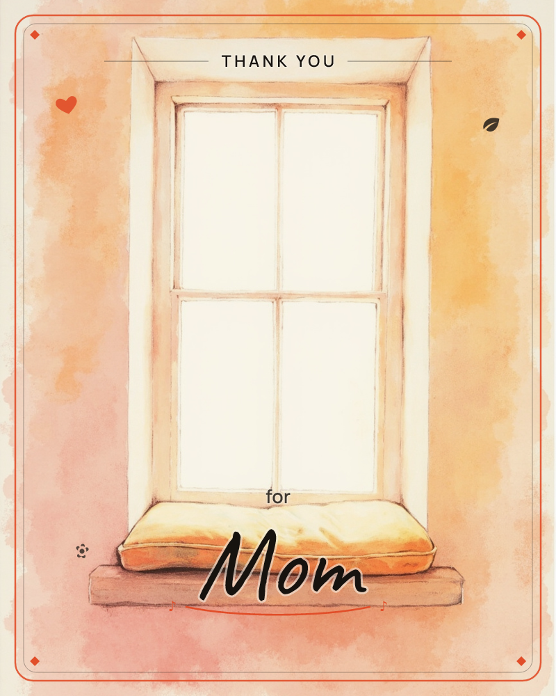 A tall four-pane window glows with soft bright light against a wall washed in warm peach and rose tones, a thankyou e-card design