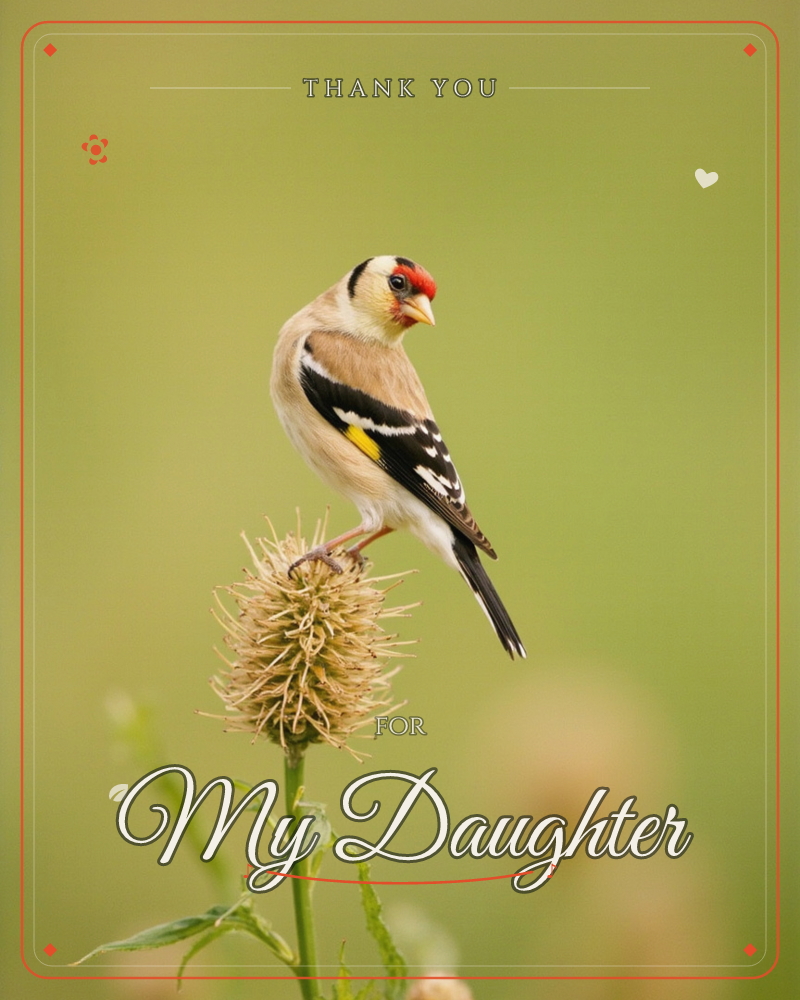 A goldfinch with a bright red face and gold-barred black wings perches delicately on a spiky, dried thistle head, a thankyou e-card design