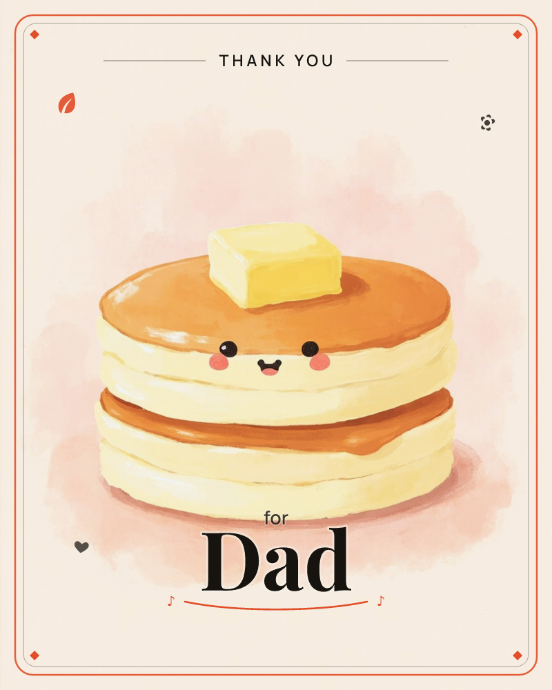 A stack of golden pancakes sits front and centre with a smiling kawaii face and rosy cheeks, topped with a neat pat of butter, a thankyou e-card design