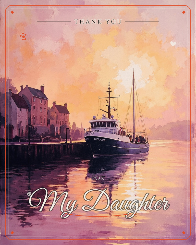 A dark fishing boat sits moored at a stone quayside as a golden-pink sunset fills the sky and reflects across the calm harbour water, a thankyou e-card design