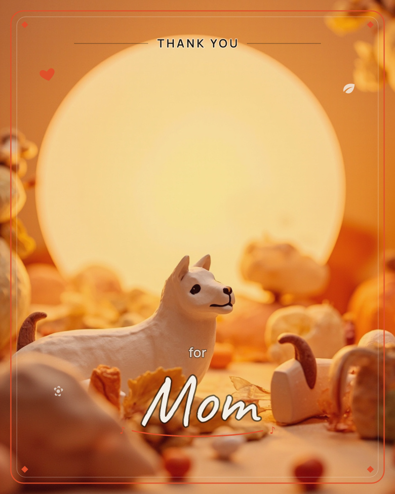 A small carved white dog figurine sits among tiny gourds and autumn leaves, glowing under a huge warm moon-like orb that fills the background in soft…, a thankyou e-card design