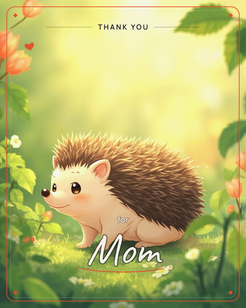 A round-cheeked hedgehog stands smiling in a sunlit patch of grass, surrounded by orange lantern flowers and green leaves that frame the scene, a thankyou e-card design
