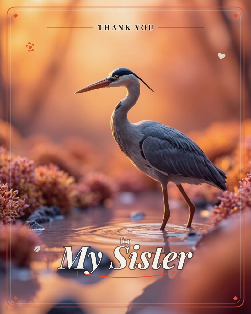 A grey heron stands motionless in shallow water at the edge of a stream, its long beak angled watchfully to one side, a thankyou e-card design
