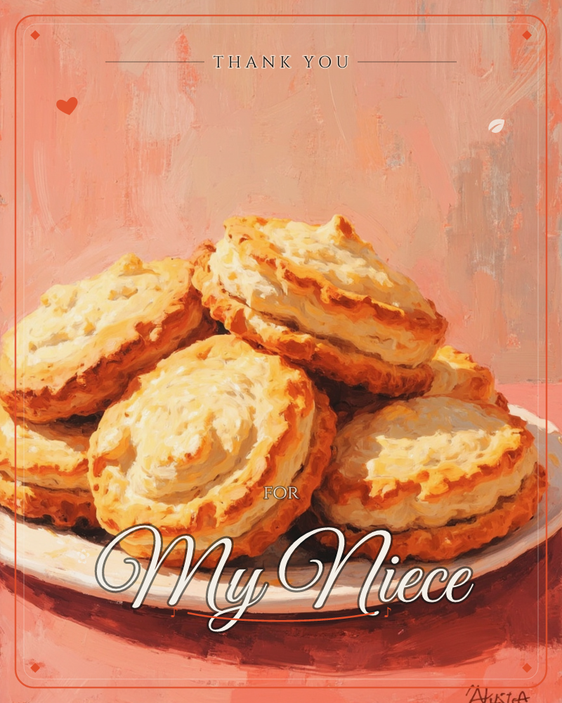 A white plate is piled high with golden, flaky biscuits, their crackled tops catching warm light against a soft peach-and-pink painted backdrop, a thankyou e-card design