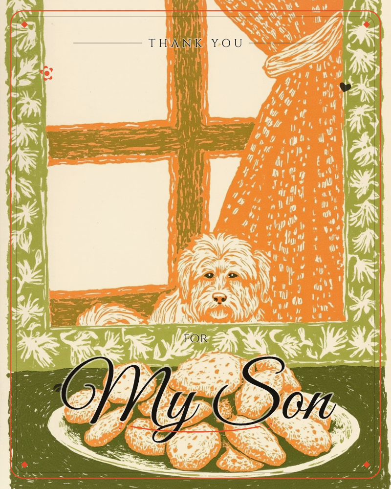 A shaggy little dog rests its chin on a windowsill, watching a plate of freshly baked biscuits cooling on the table below, a thankyou e-card design