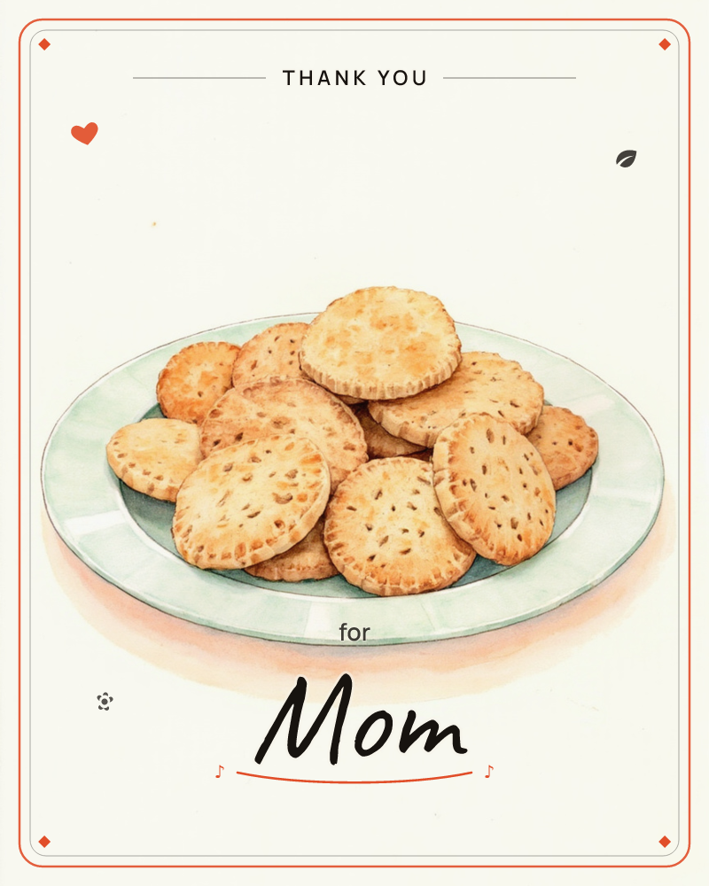 A pale green plate is piled high with round, golden-brown crackers, each one dotted with small pin-pricks and specks from baking, a thankyou e-card design