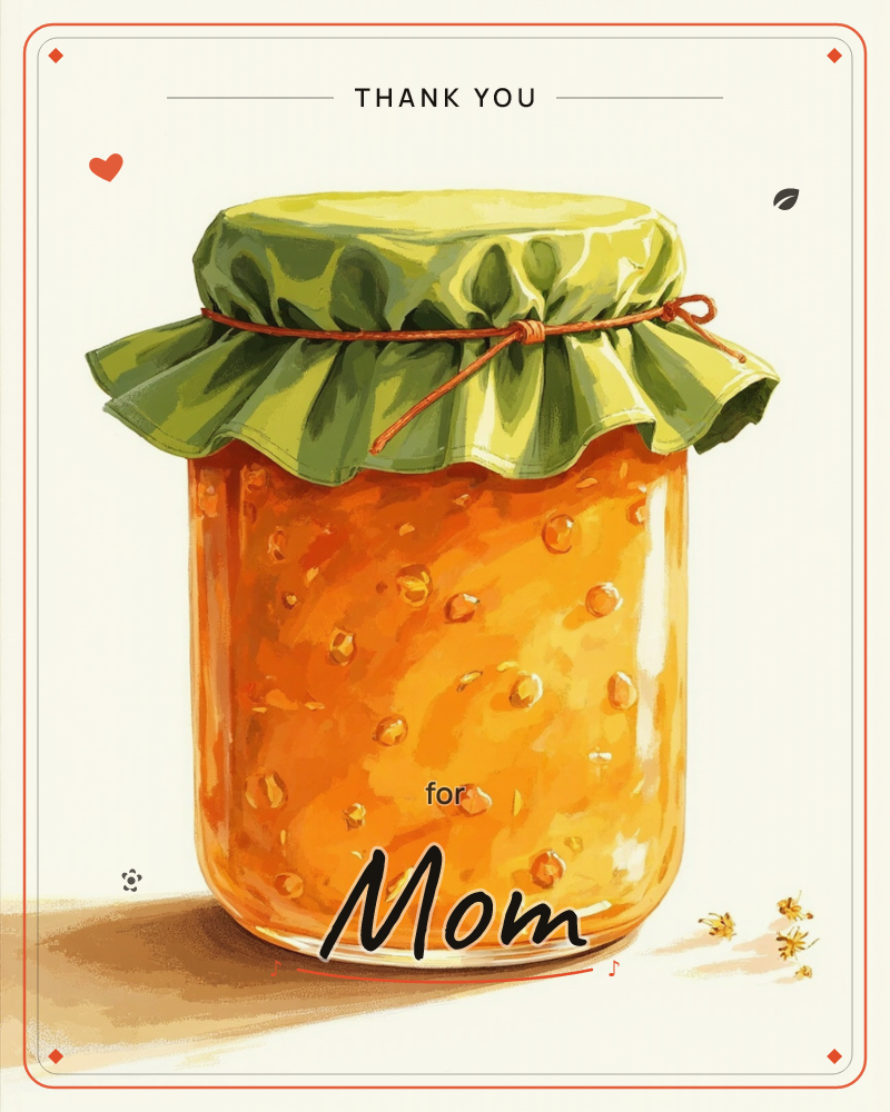A glass jar of golden marmalade sits against a plain cream background, its lid covered with a gingham cloth cap tied on with rustic orange string, a thankyou e-card design
