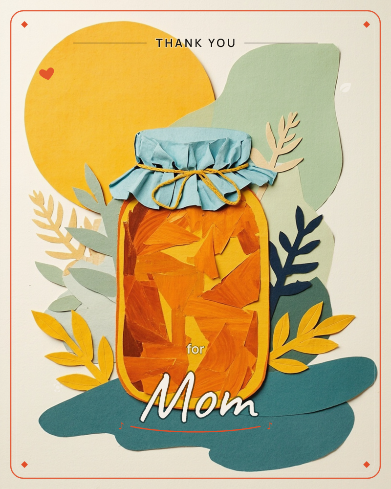 A paper-cut illustration shows a large mason jar filled with jumbled orange and amber shards suggesting preserved fruit or marmalade, its lid tied with…, a thankyou e-card design