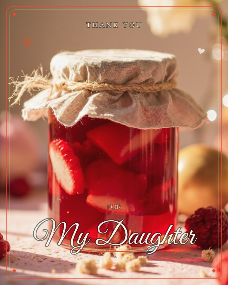 A glass jar of homemade strawberry preserve sits capped with a linen cloth tied in twine, its ruby-red syrup glowing where the light hits it, a thankyou e-card design