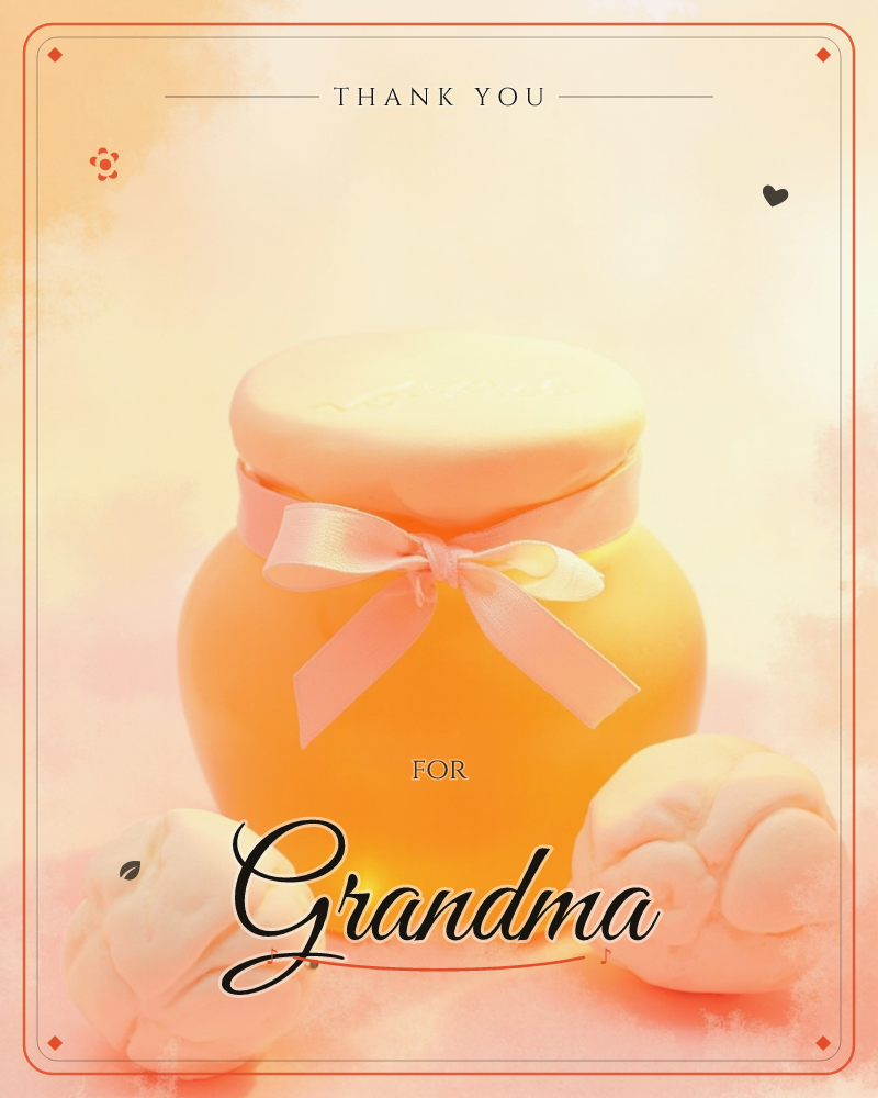 A round jar of golden honey sits center frame, its lid tied with a soft pink ribbon bow, glowing as if lit from within, a thankyou e-card design