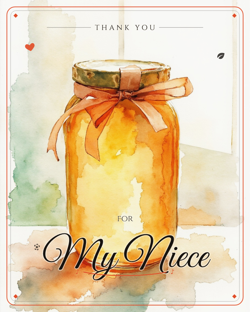A glowing glass jar of golden honey or preserves sits on a windowsill, its lid tied with a soft peach ribbon bow, a thankyou e-card design
