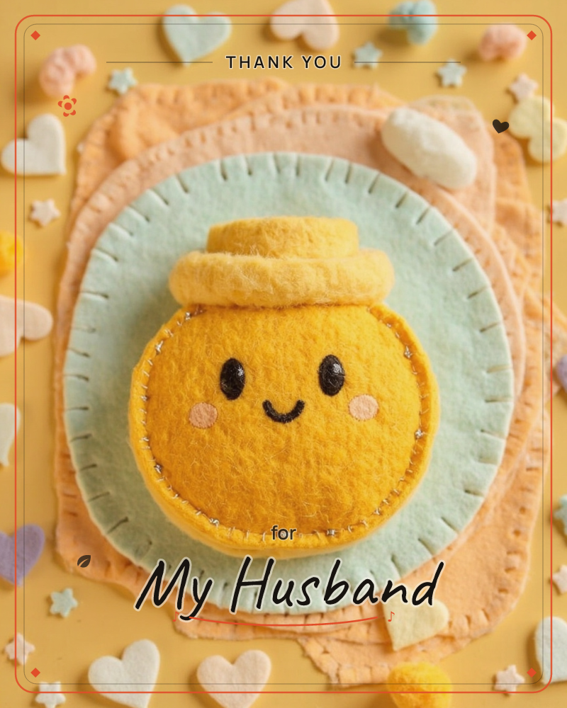 A felt honey-pot character with a smiling stitched face and rosy cheeks sits on layered peach and mint felt patches, hand-blanket-stitched at the edges, a thankyou e-card design