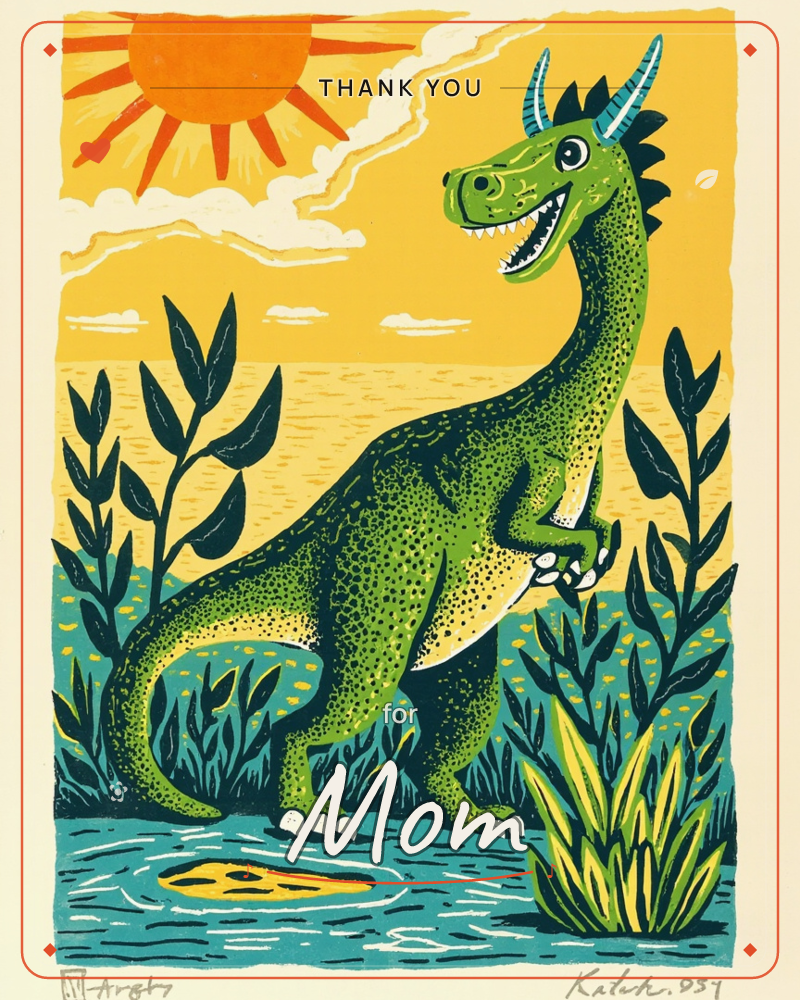A horned green dinosaur strides through a shallow marsh under a bold orange sun and swirling clouds, its speckled hide printed in a bold linocut style, a thankyou e-card design