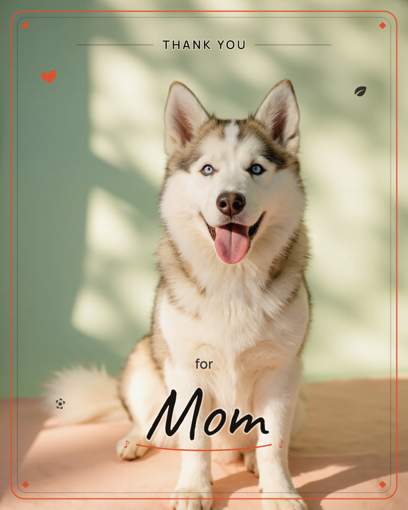 A husky sits facing the camera with mouth open in a happy pant, its pale blue eyes bright against a dappled wall of sun and leaf shadows, a thankyou e-card design