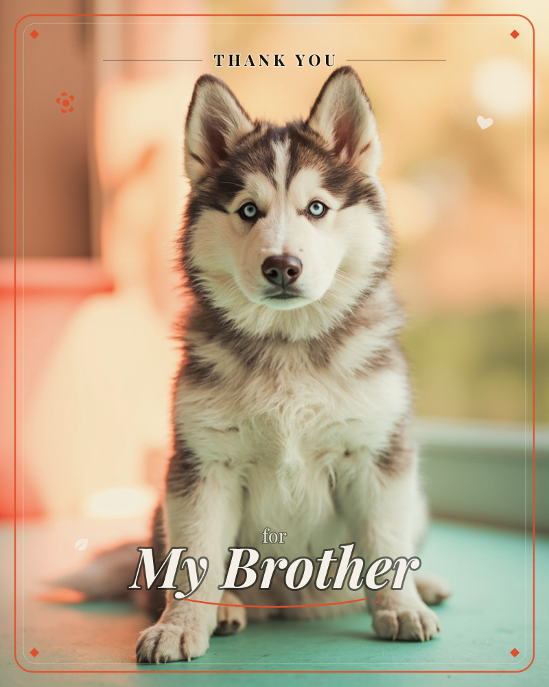 A husky puppy sits facing the camera, its pale blue eyes wide and alert against a softly blurred background of warm peach and green light, a thankyou e-card design